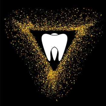 Tooth Logo on Gold Parts Triangle Frame. Tooth Emblem. Tooth Icon on Blackbackground.
