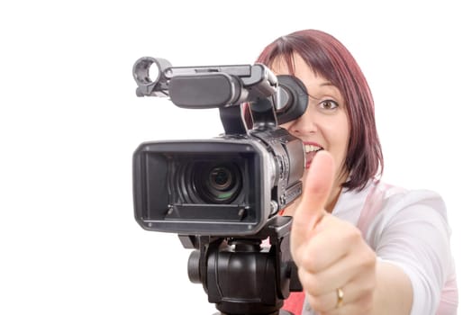 a pretty camerawoman with a professional camera, on white