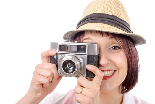young woman with vintage camera on isolated on white background. youth lifestyle