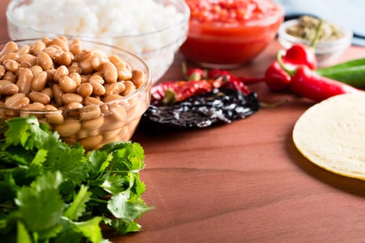 Pinto beans and other ingredients for Mexican cooking.