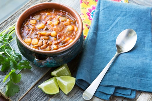 Vegan style mexican posole with hominy and pento beans.