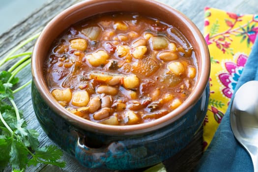 Vegan style mexican posole with hominy and pinto beans.