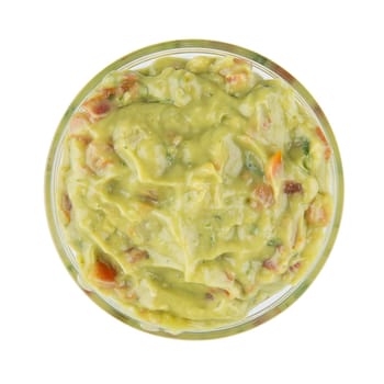 Bowl of fresh guacamole isolated on white and viewed from directly above