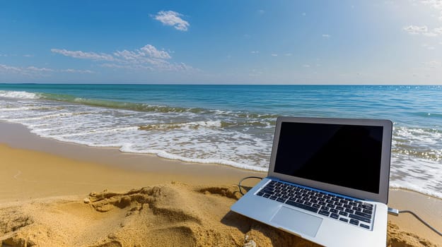 A laptop sits on a stretch of golden sand while the waves gently lap at the shore. The sun shines brightly, creating a serene atmosphere perfect for work or relaxation - Generative AI