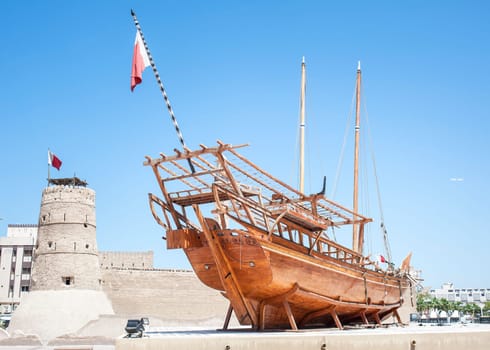 Historical museum in Dubai, United Arab Emirates.  Arabic Dhow in Dubai historical museum.