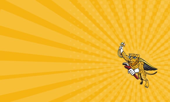Business card showing illustration of a caped superhero leopard cat refrigeration and air conditioning mechanic holding a pressure temperature gauge and a wrench flying on isolated white background done in cartoon style.