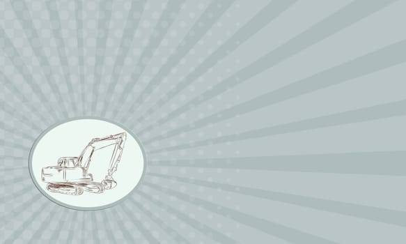 Business card showing etching engraving handmade style illustration of a construction digger mechanical excavator viewed from side set on isolated background.
