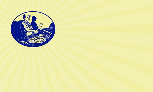 Business card showing illustration of a Taco chef cook with frying pan in market food stall viewed from the side set inside oval shape done in retro style.