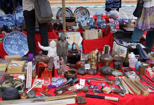 KOCHI, JAPAN- April 24: Weekly Flea market on Kochi-Nichiyoichi (Otesuji-street), merchant display curiosities and vintage for sale on April 24,2016, the Japan.