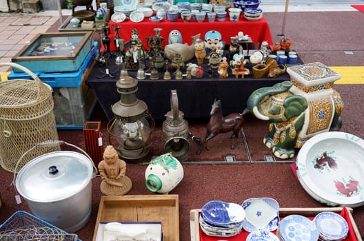 KOCHI, JAPAN- April 24: Weekly Flea market on Kochi-Nichiyoichi (Otesuji-street), merchant display curiosities and vintage for sale on April 24,2016, the Japan.