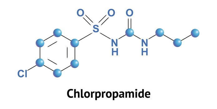 Chlorpromamide is sulfonylurea derivative, class of antidiabetic drugs that are used in the management of diabetes mellitus type 2. Vector medical illustration.