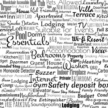 Newspaper seamless pattern of words related to accomodation. Vector illustration.