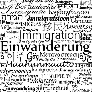 Immigration in different languages newspaper like seamless background, vector illustration.