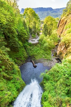 View from above Multnomah Falls in the Columbia River Gorge in Oregon