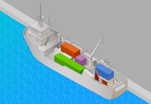 Cargo vessel isometric view flat vector 3d illustration. Tanker heavy ship with containers icon, vector illustration