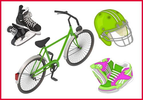Spert equipment set of isometric flat vector 3d illustrations - ice skates, bicycle, sneakers for running, football rugby helmet.