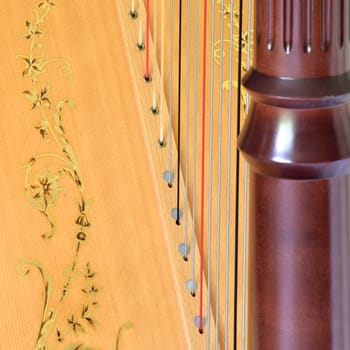 Closeup of pedal harp column strings and soundboard - square shaped image