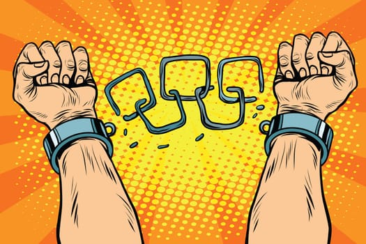 Freedom arms breaking the chains of slavery pop art retro style. Human rights. The struggle for freedom. Prisoner breaks the chain