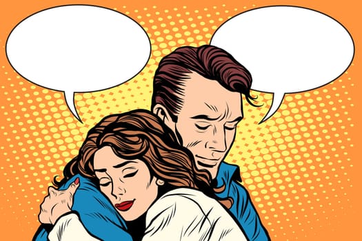 couple man and woman love hug pop art retro style. Retro people vector illustration. Feelings emotions romance