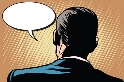 Male back comic bubble conversation communication pop art retro style. Retro male. Male back view. Stand back