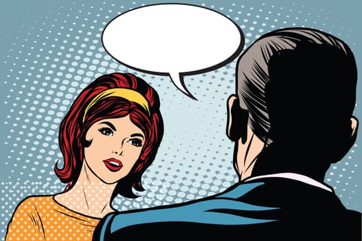 Girl and male dialogue pop art retro style. Man and woman talking retro vector