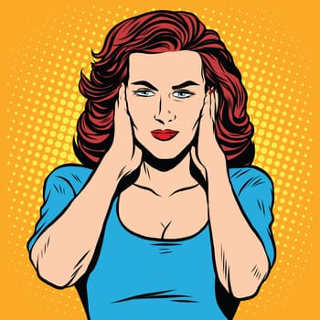 Girl ears closed silence pop art retro style. The senses hearing. Ears retro vector