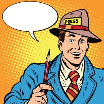 Positive retro journalist interviews press media report pop art retro style. A media industry. Policy and news