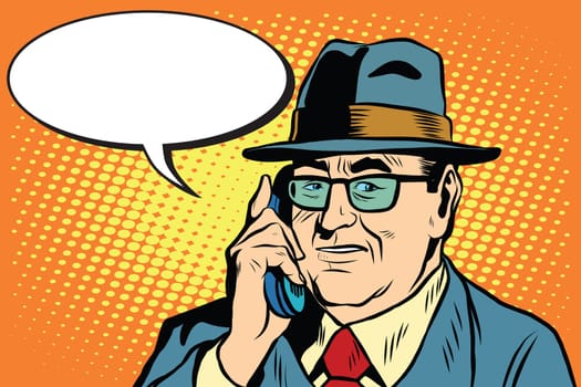 business boss Director says on the phone pop art retro style. The head of the company businessman. Retro businessman vector