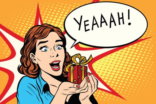 Gift girl happy wedding birthday pop art retro style. The emotion reaction of joy. Red gift box