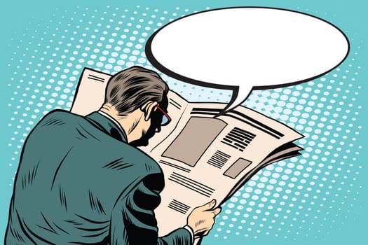 Businessman reading a newspaper pop art retro style. Financial and political news. Man the subscriber presses