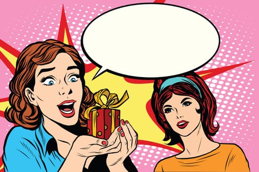 Two friends girls joy gift pop art retro style. Girlfriend. Retro woman vector. Holiday illustration