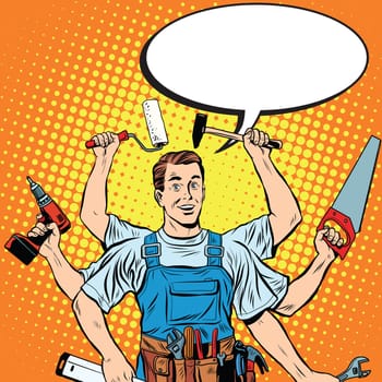 multi-armed master repair professional pop art retro style. Industry repair and construction. Man with tools in his hands.