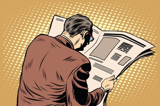 Businessman reading a newspaper pop art retro style. Financial and political news. Man the subscriber presses