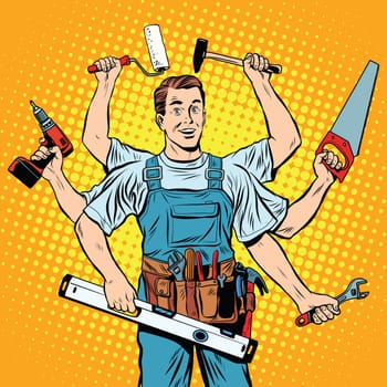 multi-armed master repair professional pop art retro style. Industry repair and construction. Man with tools in his hands.