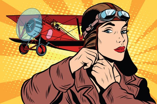 Girl retro military pilot pop art retro style. The army and air force. A woman in the army