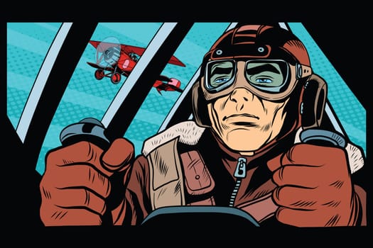 Pilot flying military aircraft pop art retro style. Retro army. Retro vector aviation