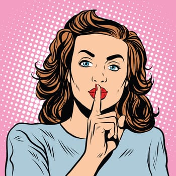 Female gesture of silence pop art retro style. Keep quiet. Please be quiet. Sign gesture