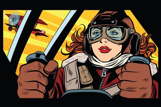 Girl retro military pilot pop art retro style. The army and air force. A woman in the army
