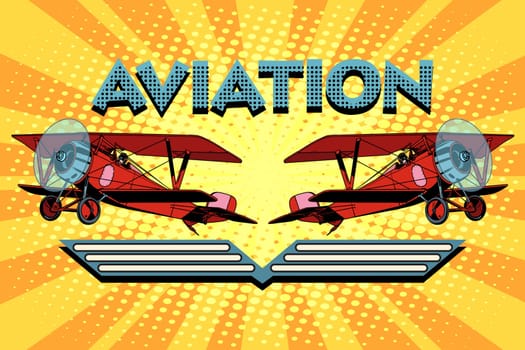 Retro two-winged plane aviation poster pop art retro style. Retro aeroplane. vintage aviation vector