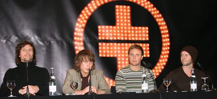 take that Press conference at the Royal Meridien on the occasion of the 50th Anniversary Gala in Hamburg . Mark Owen,Gary Barlow,Jason Orange ,Howard Donald.