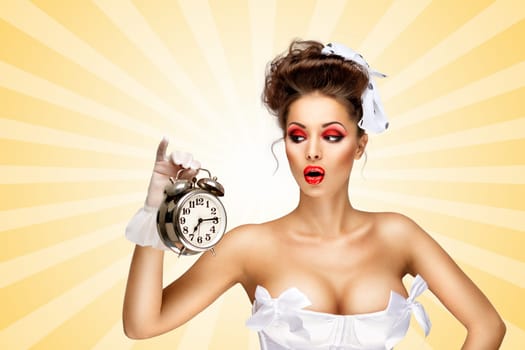 Sexy pinup bride in a vintage wedding corset holding a retro alarm clock and grimacing on colorful abstract cartoon style background.