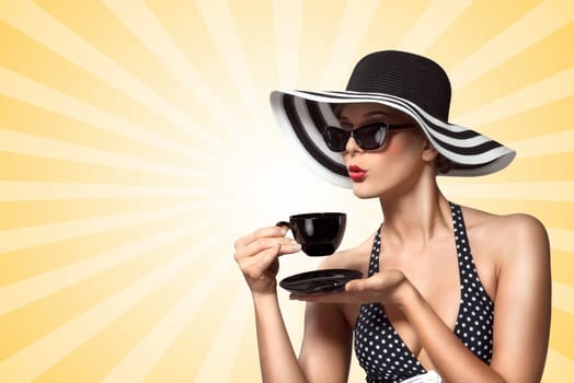 A creative vintage photo of a beautiful pin-up girl drinking tea and showing good table manners on colorful abstract cartoon style background.