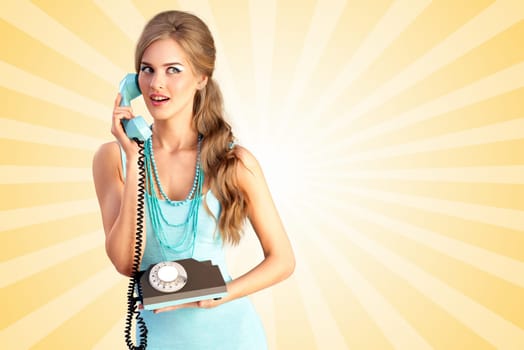 Creative photo of a pretty pin-up girl speaking via vintage phone on colorful abstract cartoon style background.