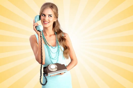 Creative photo of a pretty pin-up girl speaking via vintage phone on colorful abstract cartoon style background.