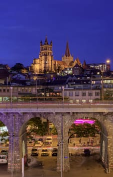 Cathedral of Notre Dame of Lausanne and bridge, Switzerland, HDR