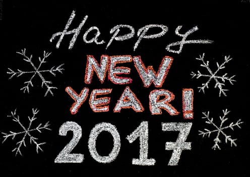 Happy new year 2017, hand writing with chalk on blackboard, vintage concept