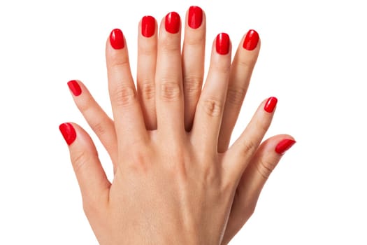 Women's hands with beautiful well-groomed fingers and red nail polish wellness beauty spa close up isolated on white background