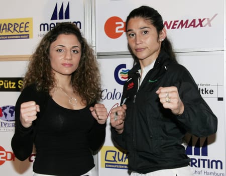 Press conference for the Universum Champions Night today at Cinemaxx Hamburg / Susi Kentikian + opponent Carolina Gaite whose father died yesterday