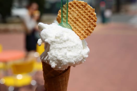 Ice Cream Cone with Lemon Ice Cream and Wafer