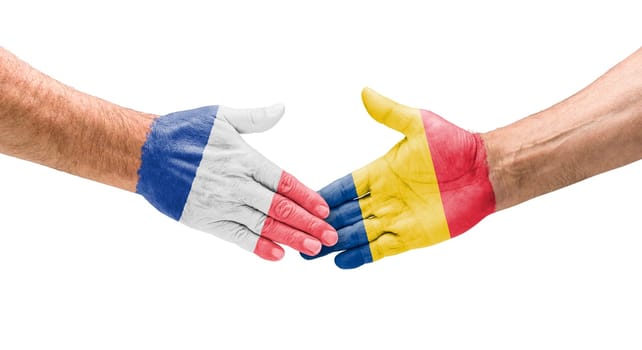 Football teams - handshake between France and Romania
